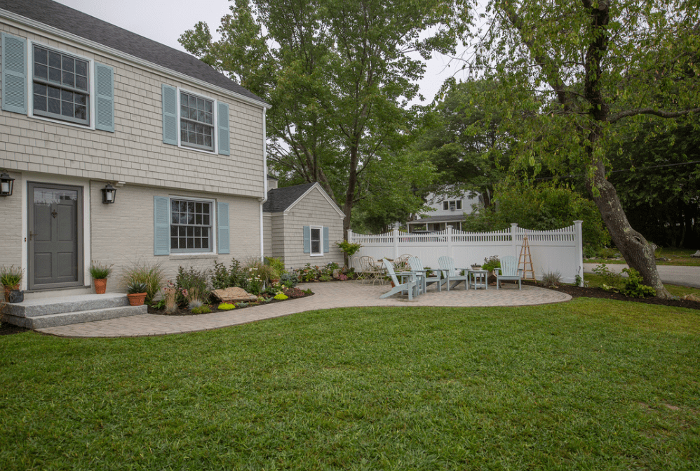 Backyard landscape, stone patio, granite steps
