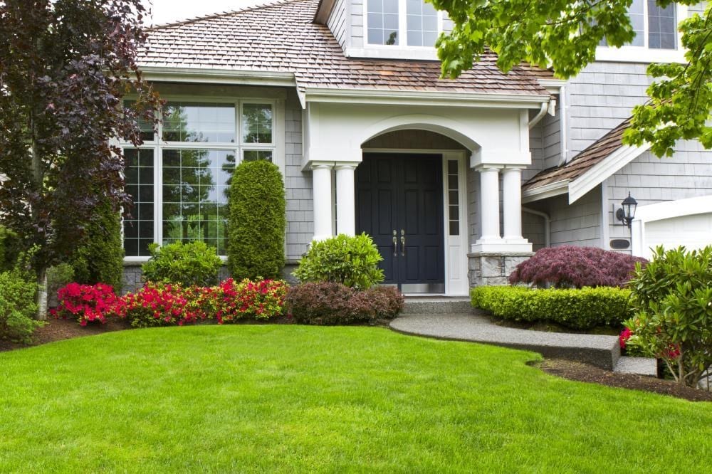 outdoor landscape of a house with flowers, trees, and shrubbery