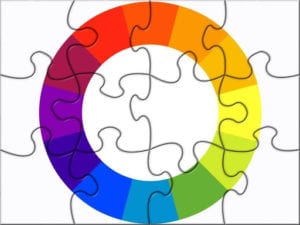 Color wheel represented in puzzle form for landscaping color theory