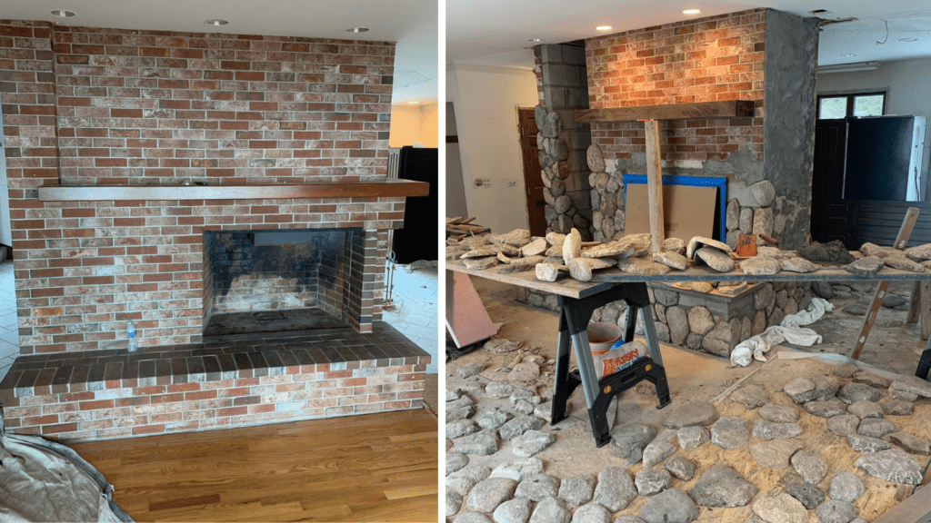 Brick fireplace refaced with stone veneer