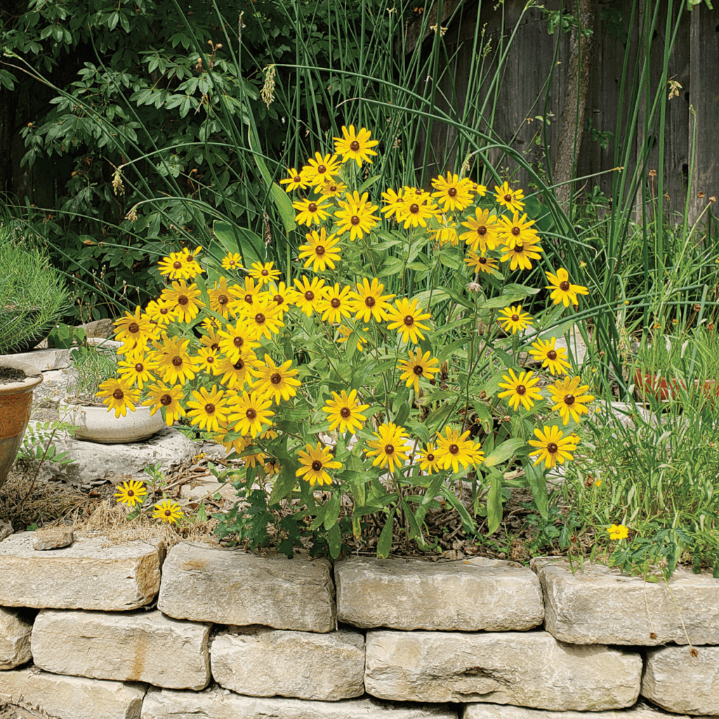 Black-eyed susans planted in natural stone retaining wall