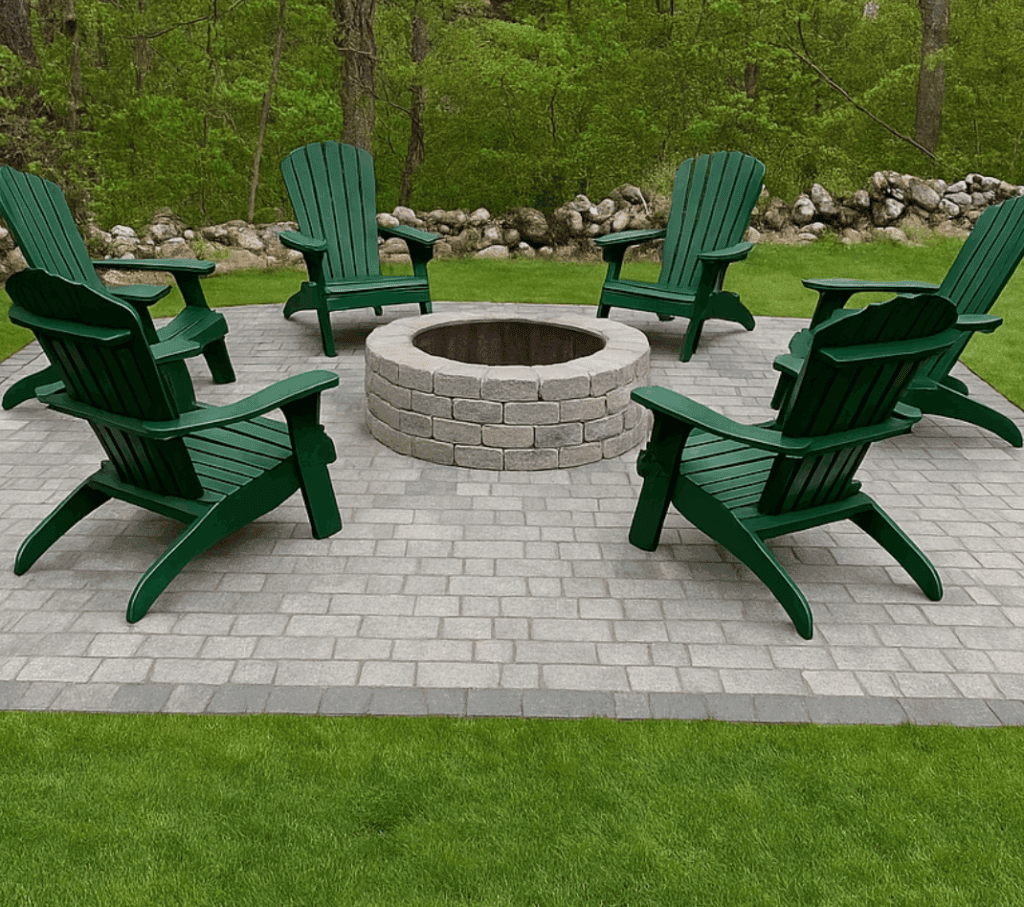 rectangular-paver-patio-stone-fire-pit-green-adirondack-chairs.