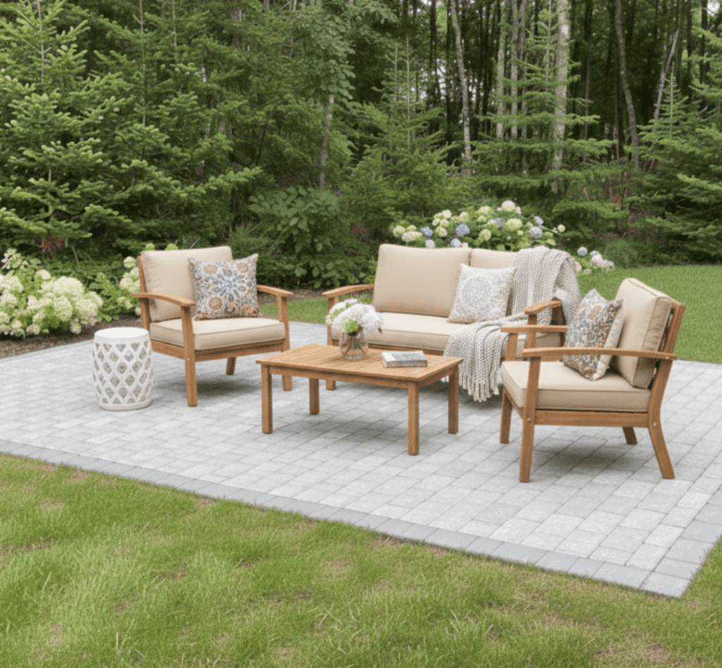 teak-wood-patio-furniture-set-stone-paver-patio-backyard