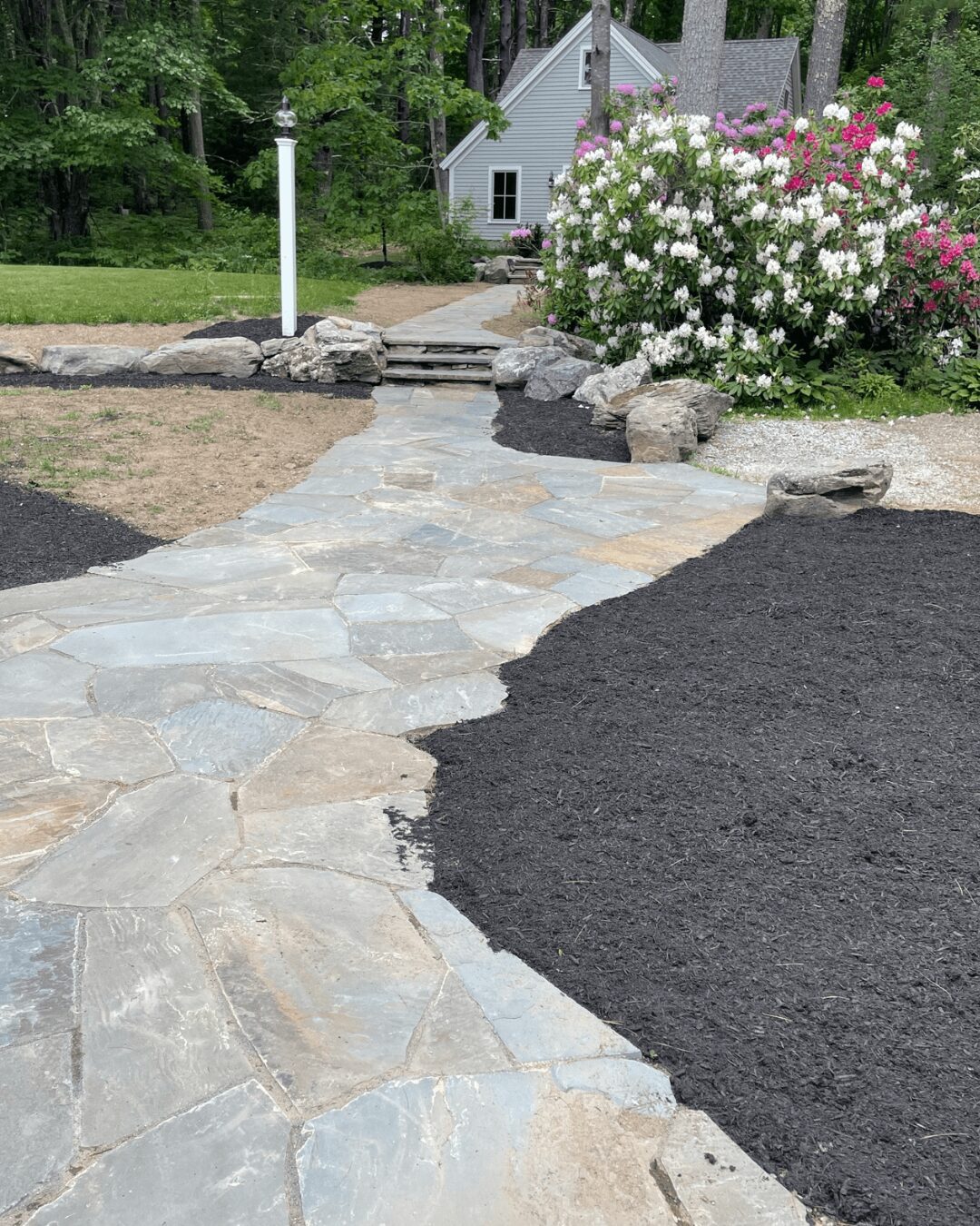 flagstone-walkway-rhododendron-boulder-landscape-maine