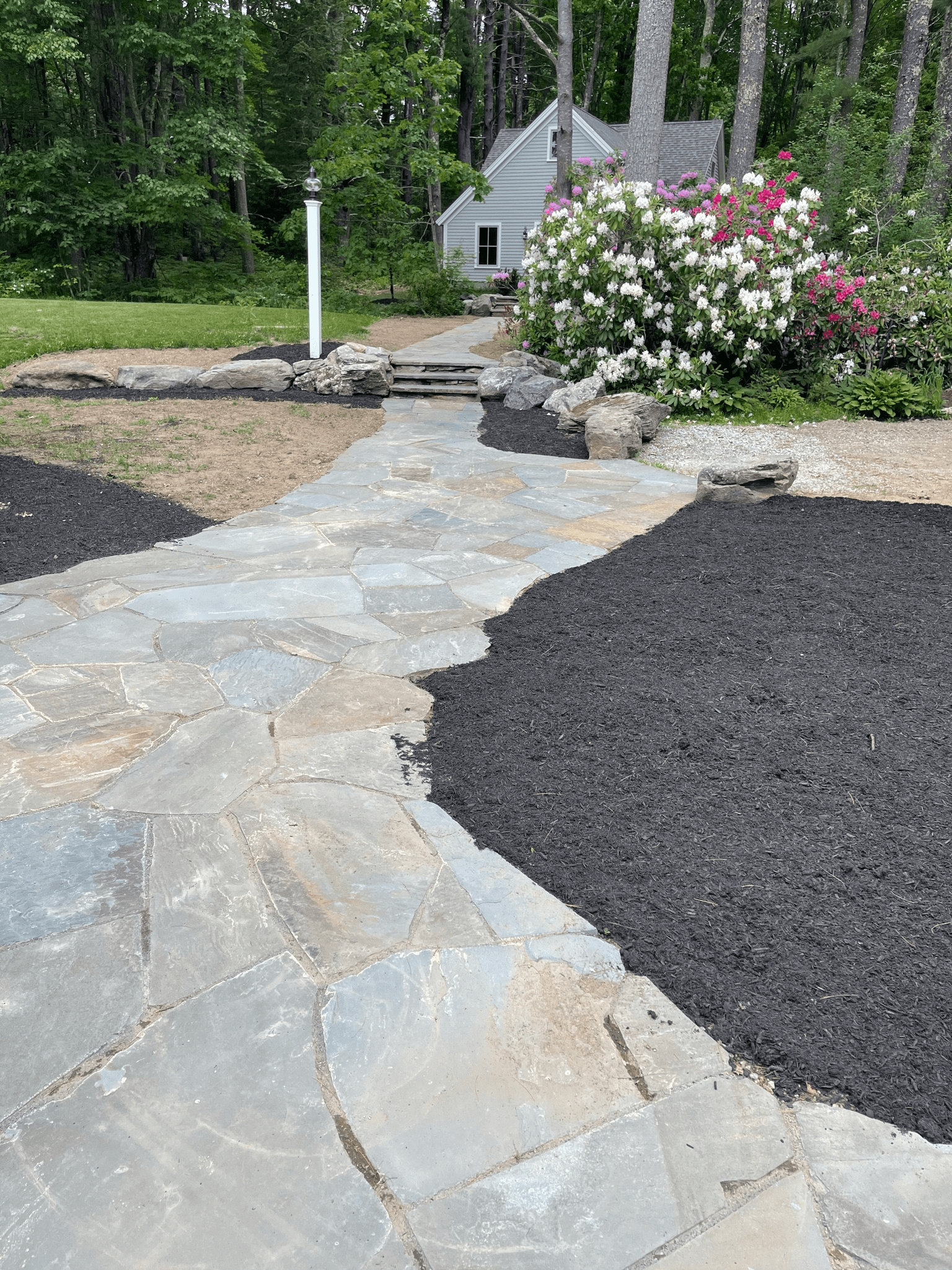flagstone-walkway-rhododendron-boulder-landscape-maine