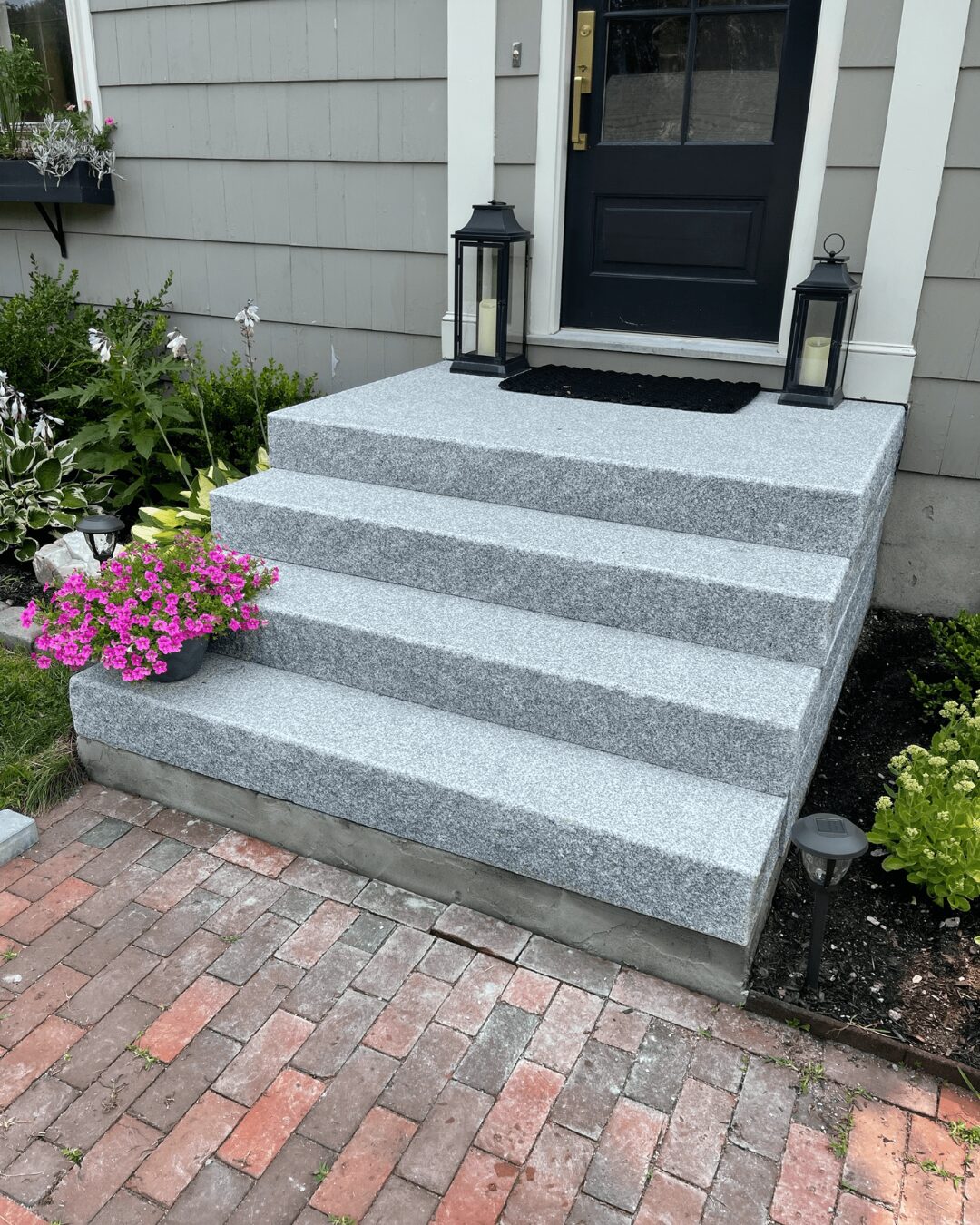 granite-steps-front-entry-brick-paver-lanterns-maine