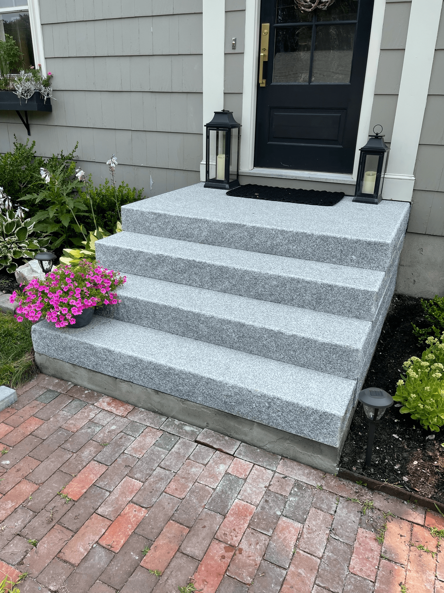 granite-steps-front-entry-brick-paver-lanterns-maine
