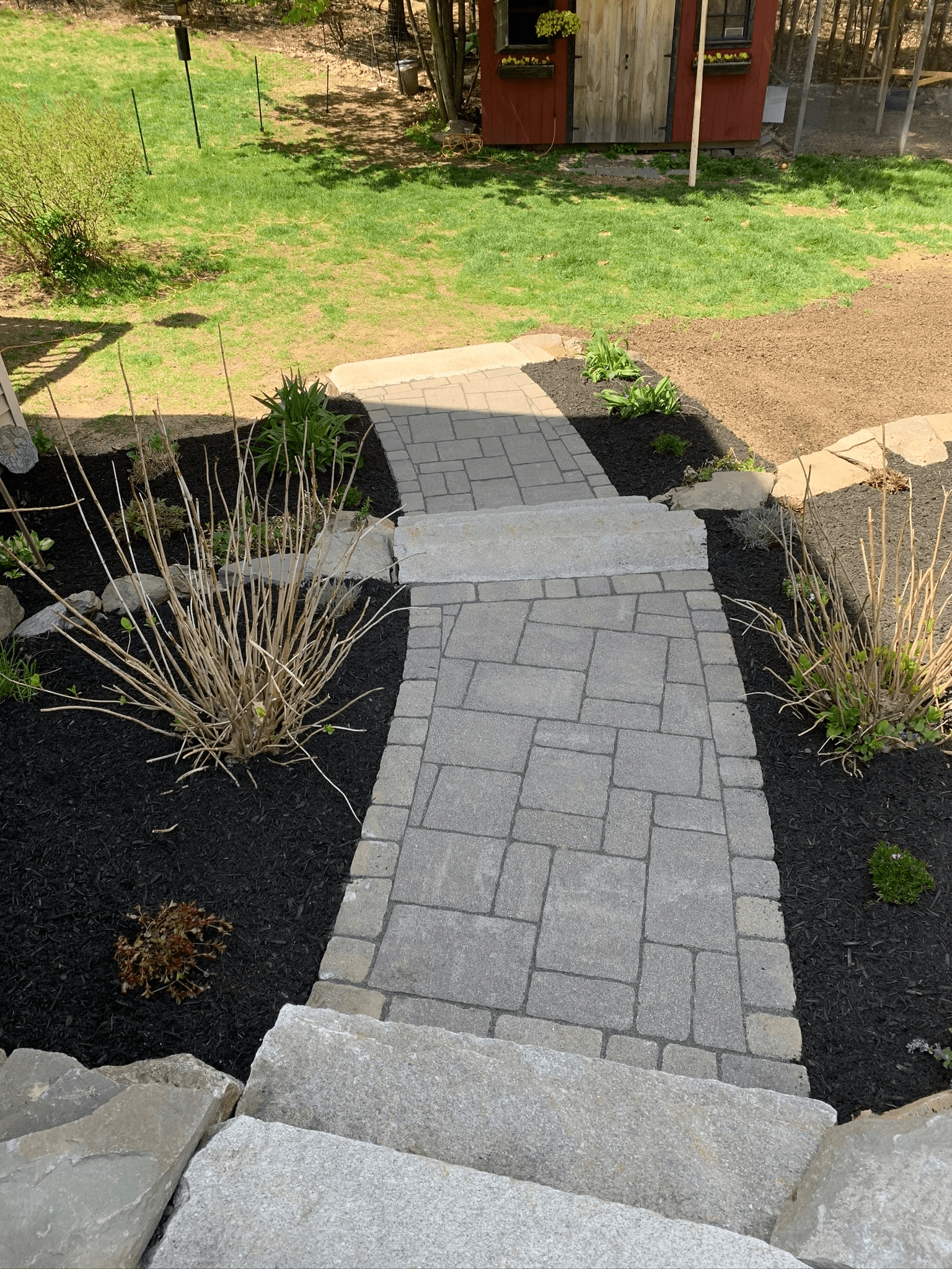 paver-walkway-natural-stone-border-garden-shed-black-mulch