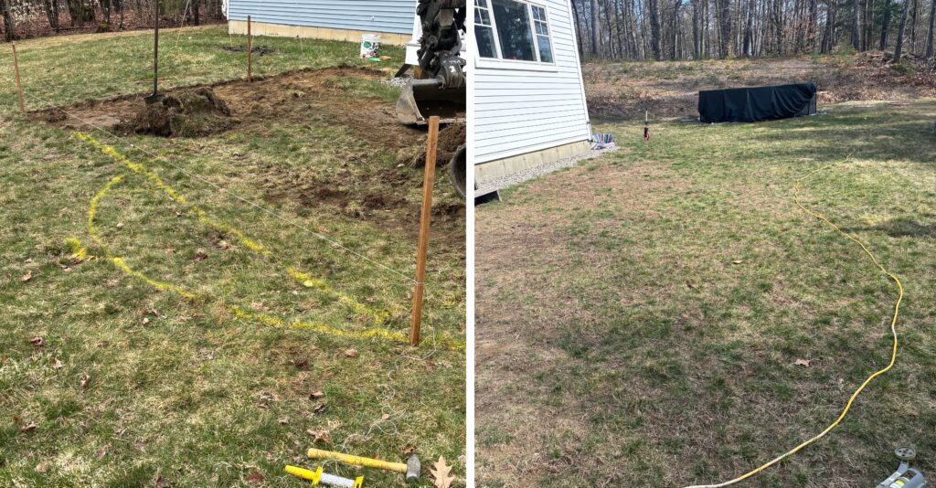 Paint and string lines marking the paver patio and fire pit circle layout in a Durham, Maine backyard