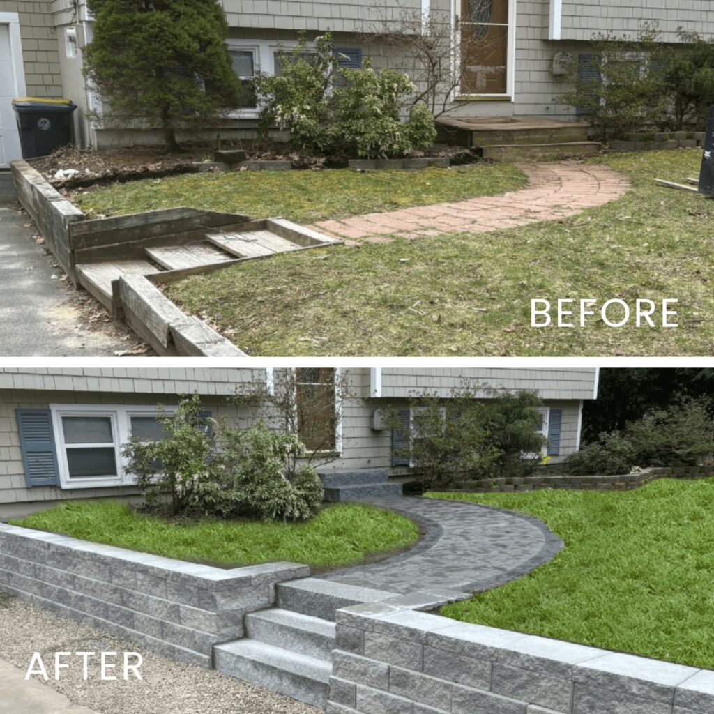 Before and after photos of a Southern Maine walkway renovation, showing old cracked brick pavers and rotting wood steps replaced with a curved paver walkway and granite steps