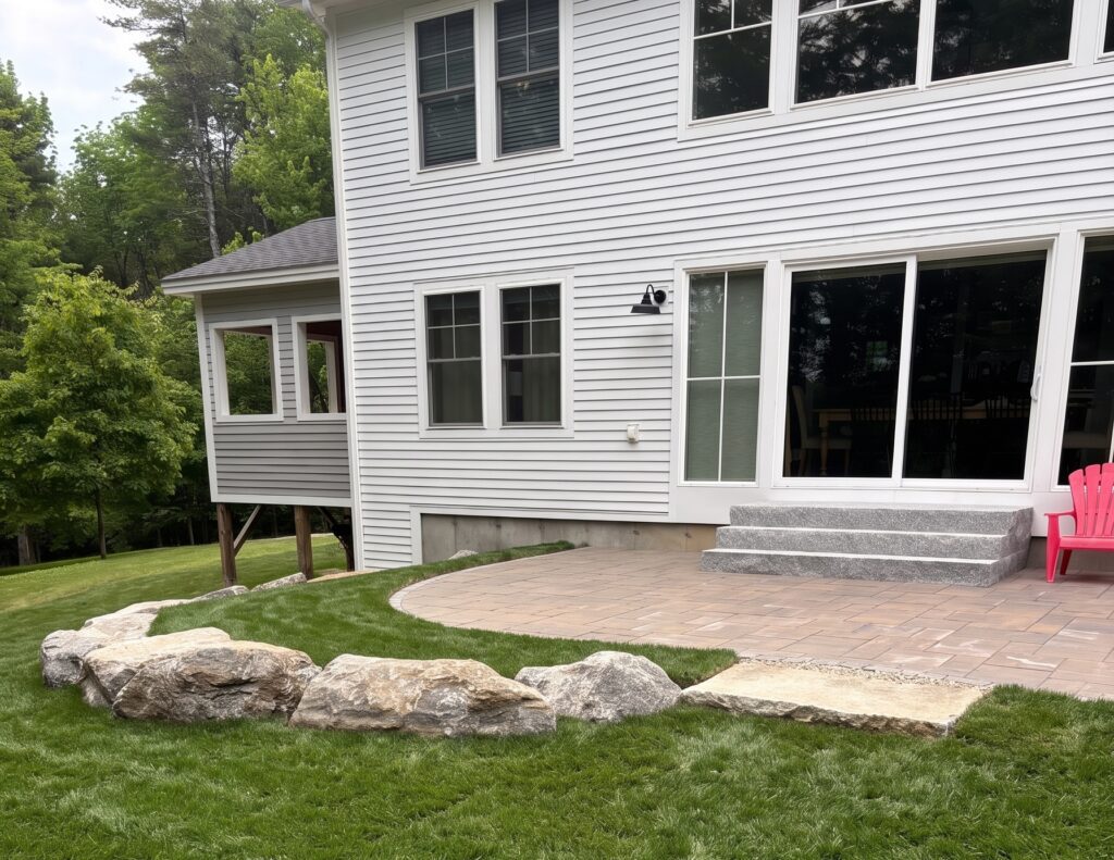 Paver patio with granite entry steps and boulder-lined planting beds in Pownal, Maine