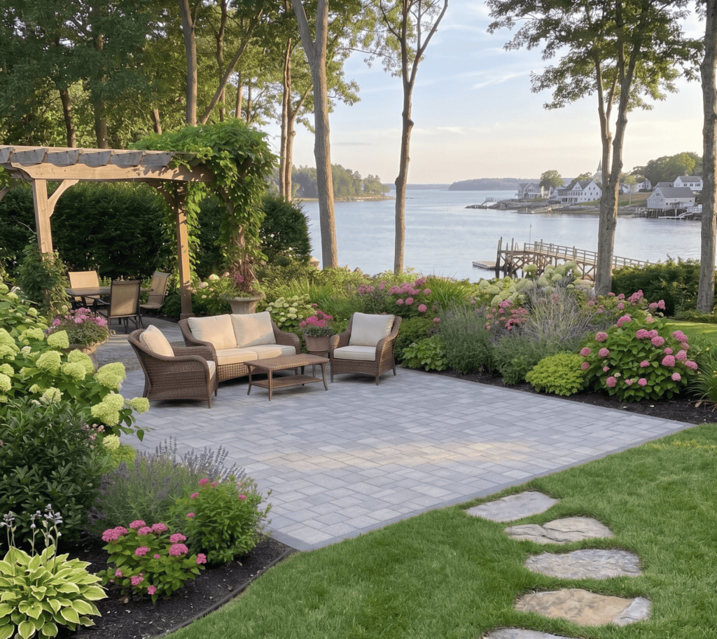 Paver patio with pergola seating and hydrangea landscaping overlooking the harbor in Yarmouth, Maine